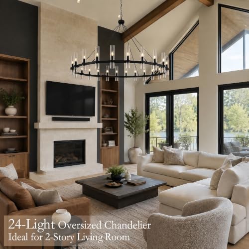 70" 24-Light Black Wagon Wheel Chandelier for High Ceilings Living Room - Image 2
