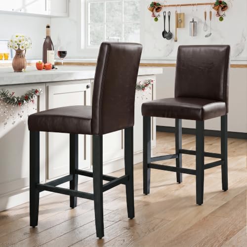 LSSPAID Counter Height Bar Stools Set of 2, 25 Inch Upholstered PU Leather Barstools, Modern Kitchen Island Chairs with Backrest and Solid Wood Legs, Dark Brown by LSSPAID