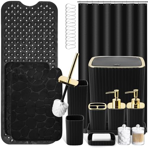 XLHOMO 26PC Bathroom Accessories Set - Gorgeous Black Bathroom Set, Bathroom Accessory Set, Black Shower Curtain Set with Bathtub Mats for Shower Tub by BetterbathroomwithXLHOME
