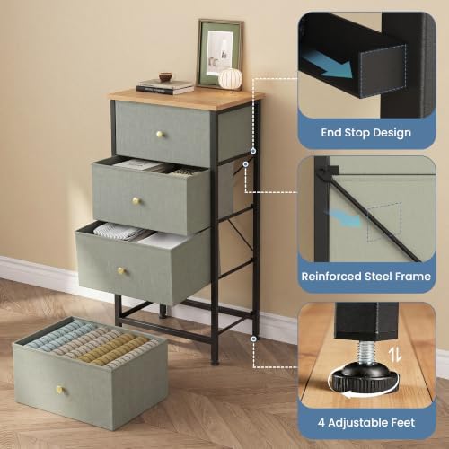 DUMOS Nightstand with 4 Drawers, Bedside Table with Removable Fabric Bins, Sturdy Steel Frame Wood Top Organizer Furniture for Bedroom Closet Living Room, Ink Green - Image 5