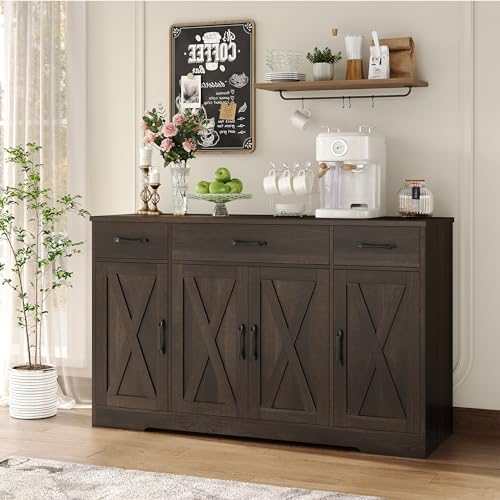 HOSTACK Kitchen Buffet Sideboard Storage Cabinet, Coffee Bar Cabinet, Brown - Image 4