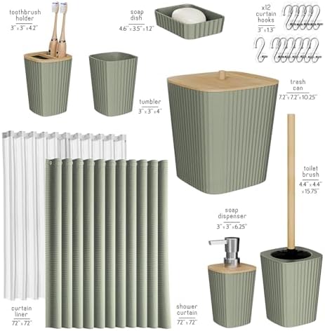 Clara Clark Bathroom Accessories Set - Bathroom Set, Bathroom Accessory Set, Shower Curtain Set, Toilet Brush, Trash Can & Soap Dispenser - Sage Green - 20PC - Image 2