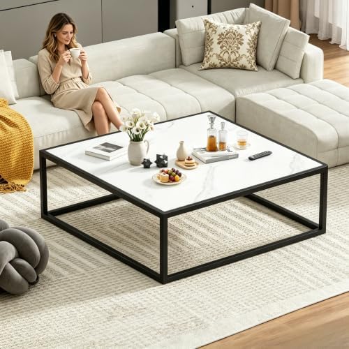 31.5" Square Coffee Table, Mid-Century Modern White Center Table for Living Room, Floor Table for Sitting on The Floor, Wood Cocktail Tea Contemporary Tables with Metal Frame for Office Apartment Home - Image 3