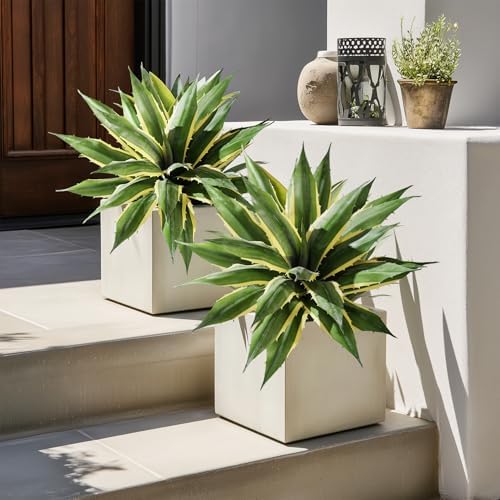 Artificial Agave Plant Fake Agave Planters for Indoor Outdoor Faux Agave Plants Real Touch Realistic Greenery for Home Living Room Office Bathroom Garden Front Porch Patio Decor (21inch-2 Pcs Yellow) by Yarmare