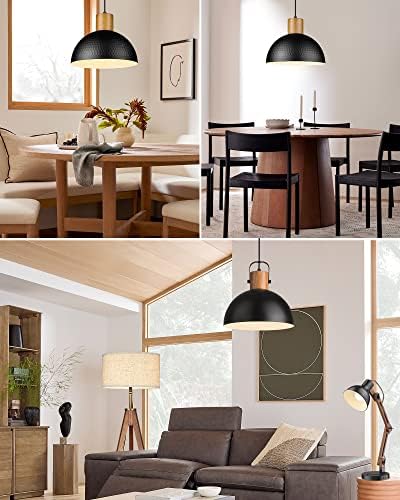 ELYONA 2 Pack Hammered Pendant Lights, 12" Industrial Metal Dome Hanging Lamp, Solid Wood Pendant Light Fixtures for Kitchen Island, Bar, Farmhouse, Dining Room, Bedroom, Hallway, Black - Image 5