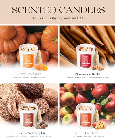 AOOVOO Fall Candles Set for Women - Aromatherapy Candle with Crystals Inside, 28 oz 200 Hour Long Lasting, 4 Pack Candles for Home Scented, Autumn Fragrance of Apple Pie/Cinnamon/Pumpkin/Nutmeg Beans - Image 4