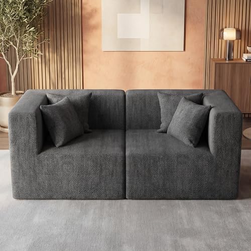 MONVANE 75" Loveseat Sofa, Comfy Chenille Modular Sectional Sofa with 4 Pillows, Modern Deep Seat Boneless Couch, 2 Seater Sofa for Living Room, Bedroom and Apartment, Grey - Image 5