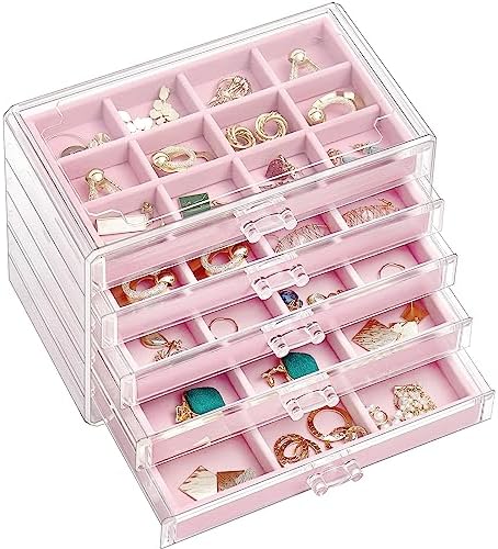 ProCase Earring Holder Organizer Jewelry Box with 5 Drawers, Pink by ProCase