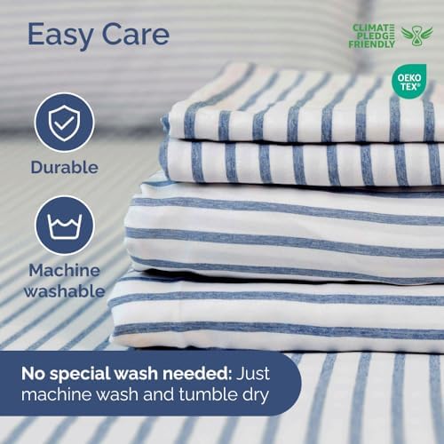 Short Queen Size 4 Piece Bed Sheet Set - RV Short Queen - Blue Stripes - Image 6