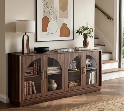 FORTUNETEC 64" Sideboard Buffet Cabinet with Arched Glass Doors,Dark Walnut - Image 6