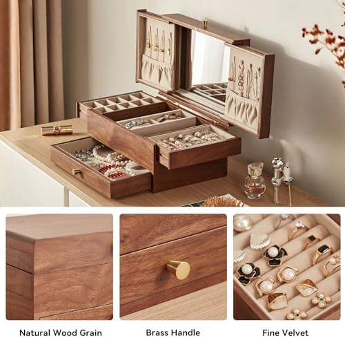 Walnut Wooden Jewelry Box for Women, with Mirror, 3 Layer - Image 3