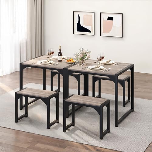 Gizoon Square Dining Table Set for 2, Kitchen Table with 2 Benches Grey - Image 5