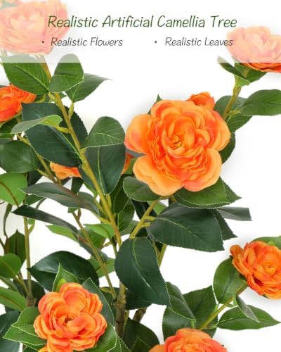 38 inch 2 Pack Artificial Orange Camellia Trees in Pot - Image 3