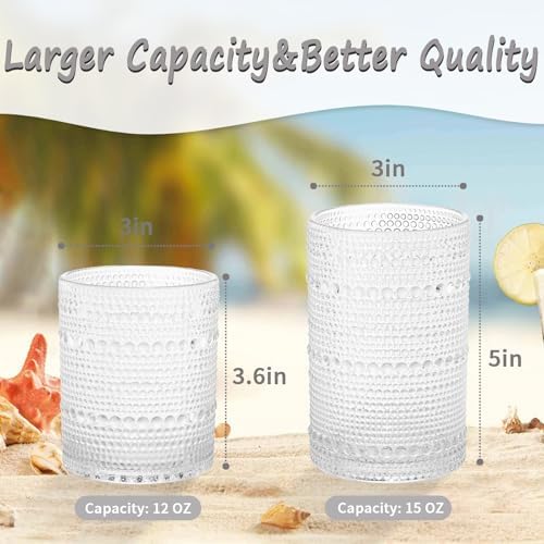 Hobnail Beaded Drinking Glasses Set of 12, 12 oz & 15oz Vintage Glassware Set Romantic Water Glasses Tumbler, Water Cups, Embossed Glassware Set for Beer, Juice, Cocktail, Soda, Beverages Clear - Image 6