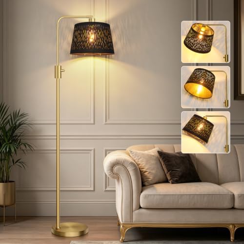 【Upgraded】 Dimmable Gold Floor Lamp, 1000 Lumens LED Edison Bulb Included, Arc Black Floor Lamps for Living Room Modern Standing Lamp with Black Grid Shade, Tall Lamps for Living Room Bedroom Office by Nintiue