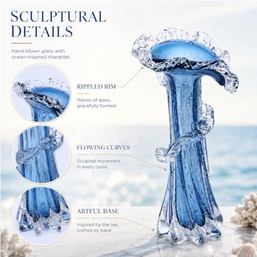 Blue Blown Glass Vase, Modern Art Hand Blown Coastal Vase,Beautiful Unique Ocean Wave Centerpieces for Living Room, Bedroom, Office Desktop,Coffee Table and Wedding Decorative (Blue, L) - Image 4