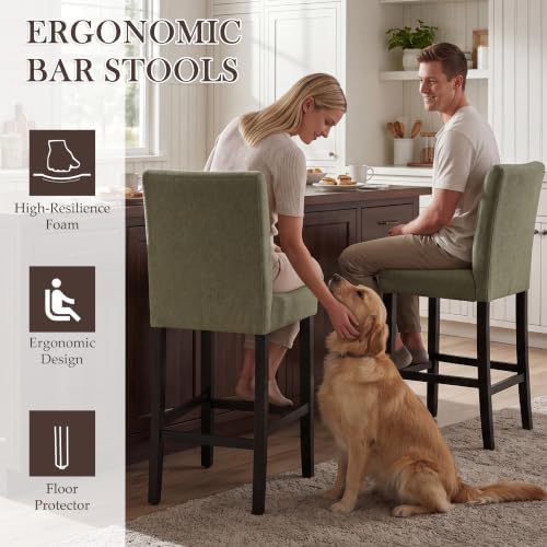 GOTMINSI 24 Inches Bar Stools, Modern Upholstered Counter Height Chairs, Solid Wood Legs Barstools with Back (Green, 4PCS) - Image 3