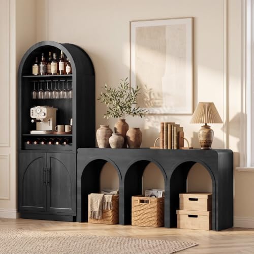 Fatmok Modular Coffee Bar with LED Lighting,Charging Station,Arched Wooden Console Table,Modern Liquor&Wine Display Storage Cabinet for Living Room,Black Grey(FG,2-Piece) by Fatmok