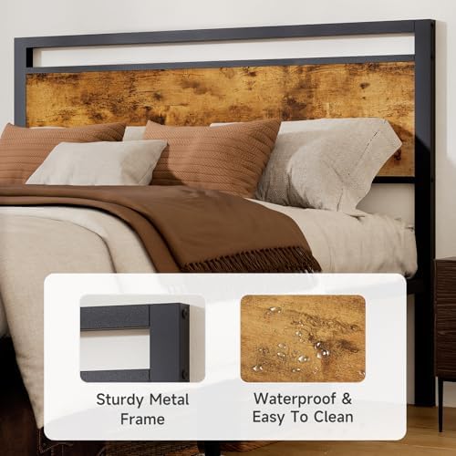King Metal Bed Frame with Wooden Headboard and Footboard, Heavy Duty Platform Frame with Metal Slats, No Box Spring Needed, Quiet and Non-Slip Design, Space Saving Bed Frame for Bedroom, Vintage Brown - Image 4