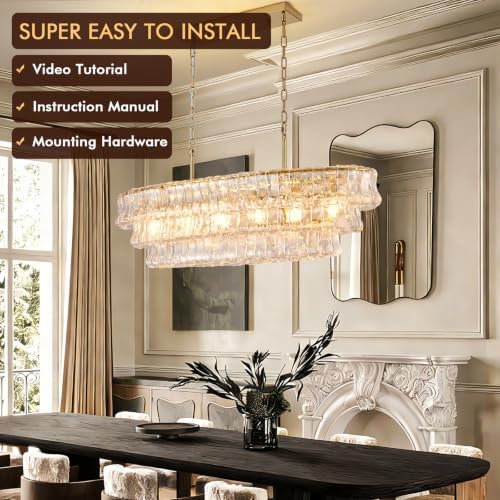39in Large Chandelier Gold, Modern Dining Room Light Fixtures, 3 Layer Luxury Glass Chandelier 6 Light Rectangular Chandeliers for Dining Room Kitchen Island Living Room (Clear Glass) - Image 5