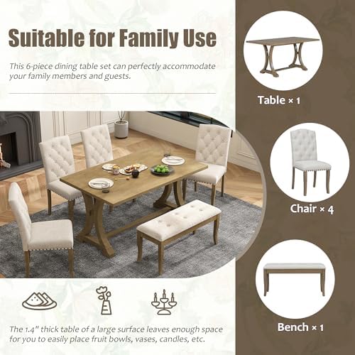 Harper & Bright Designs Classic and Traditional Style 6 - Piece Dining Set, Includes Dining Table, 4 Upholstered Chairs & Bench (White+Gray) (White+Gray) (Natural Wood Wash1) - Image 5