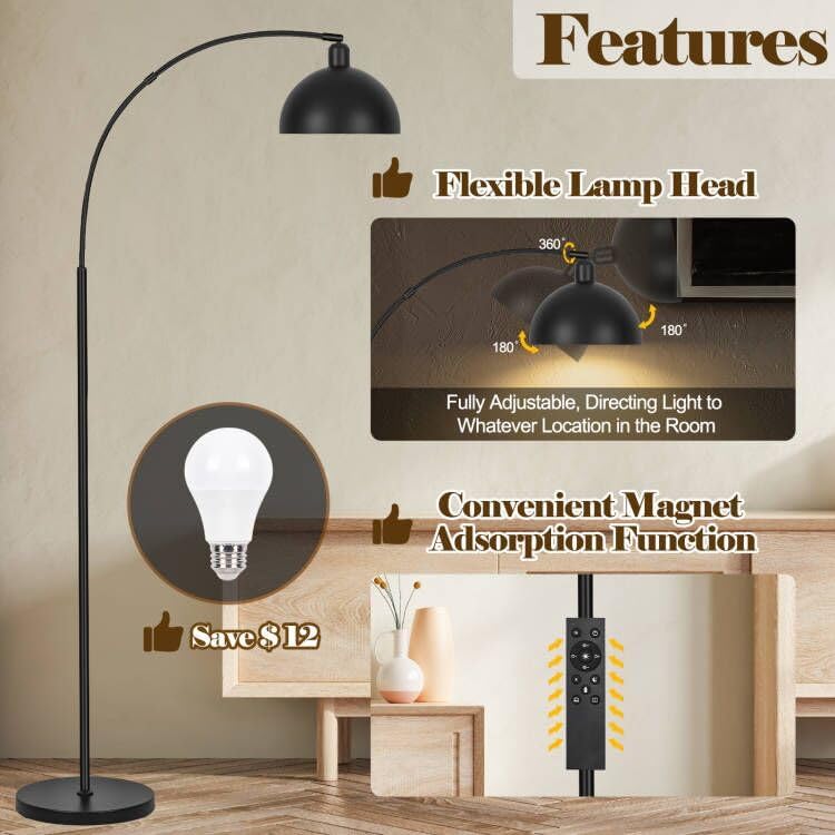 【Upgraded】Black Arc Floor Lamps for Living Room - Dimmable Arched Floor Lamp with Remote Control & 2700-6000K 9W LED Bulb Included, Modern Arch Standing lamp, Industrial Tall Lamp for Bedroom Reading - Image 3