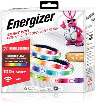 Energizer Smart RGB+IC LED Light Strip, 100 Foot Indoor Wi-Fi Color Flow LED Light Strip, Sound Reactive, Remote Access, Voice Control with Alexa, Siri, Google, Grouping, Scheduling, No Hub Required by Energizer