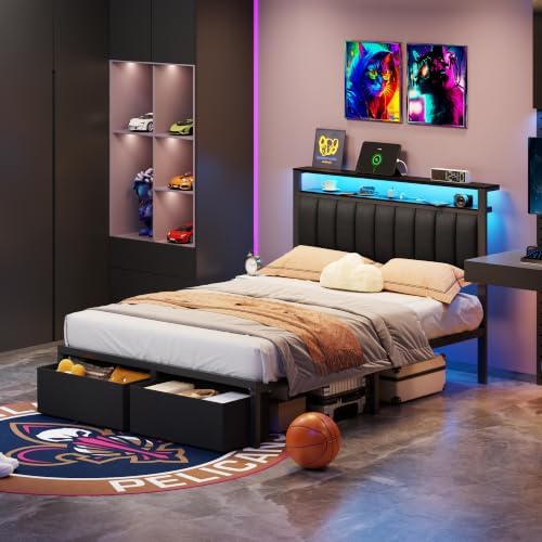 Furnulem Full Size Bed Frame with Storage Drawers and Upholstered Headboard - Image 3
