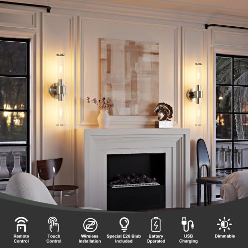 Brushed Nickel Battery Operated Wall Sconces Set of 2 with Remote - Image 2