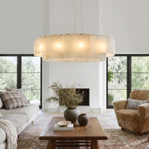 31" Round Alabaster Chandelier, Modern Luxury Marble Light Fixture by HONIEGG
