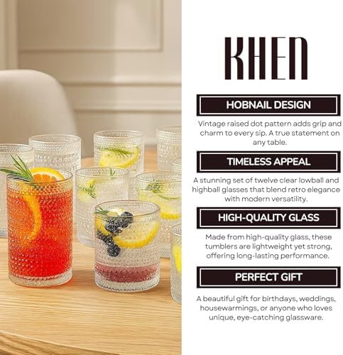 Khen Vintage Hobnail Drinking Glasses Set of 12, 13oz Highball Glasses & 10 oz Lowball Tumblers, Kitchen Water Glasses Cup, Bar Water, Juice, Cocktails Beer, Milk Indoor/Outdoor Bar & Party Drinkware - Image 5