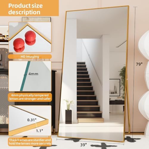 LFT HUIMEI2Y 79"x39" Full Length Mirror, Gold Floor Mirror - Image 2