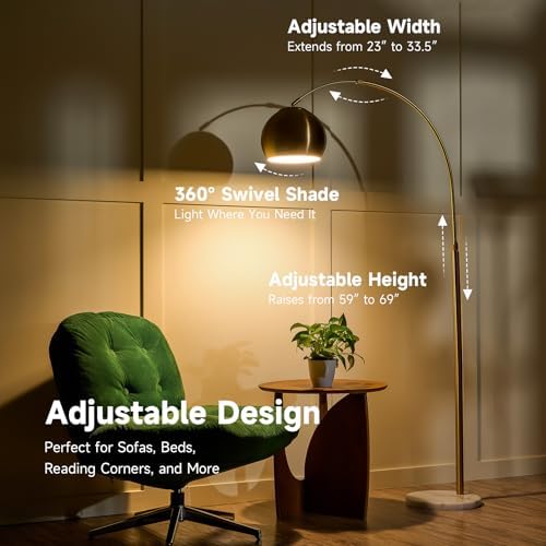 CO-Z 69" Modern Arc Floor Lamp, Gold Standing Light with Adjustable Metal Shade and Marble Base, LED Bulb Included, Contemporary Lighting for Living Room or Sofa - Image 2