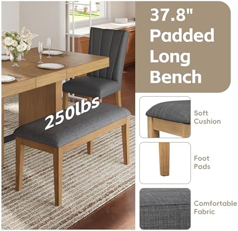 6-Piece Farmhouse Functional Dining Set, Rubber Wood Extendable Dining Table with 4 Upholstered Chairs& Bench, Thick Tabletop and Trestle Legs, Rectangular Dining Room Table Set for 6 (Gray-7.2) - Image 6