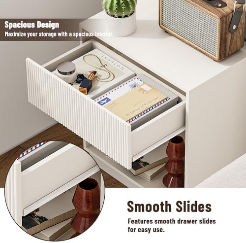 Fluted Nightstands Set of 2, Modern Bedside Table with Drawer and Storage Shelf, Wood End Table Mid Century Night Stands for Bedroom Living Room Sofa Couch Office (White) - Image 5