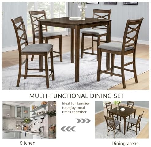 Harper & Bright Designs Counter Height Dining Table Set 5-Piece, 34.5" Square Wooden Table & 4 Upholstered Chairs, Modern Walnut Finish Counter Height Set for Kitchen, Dining Room, Small Spaces - Image 3