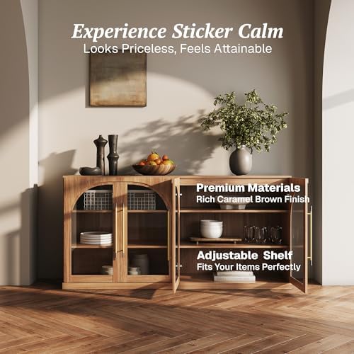 BELLEZE 65" Arched Sideboard with Glass Door, Accent Buffet Cabinet with Storage and Adjustable Shelves, Classic Modern Large Console Table for Dining Room Living Room Entryway (Camel) - Image 4