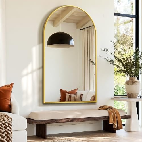 Delma Arched Bathroom Mirror, Gold, 50"x30" by Delma