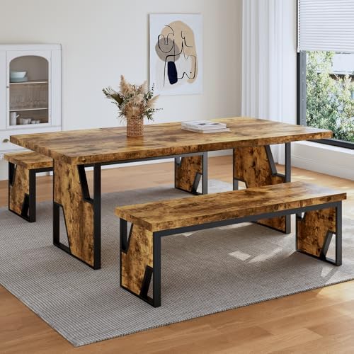 HIPIHOM 70.8" Wooden Dining Table with 2 Benches Kitchen Table and Chairs by HIPIHOM