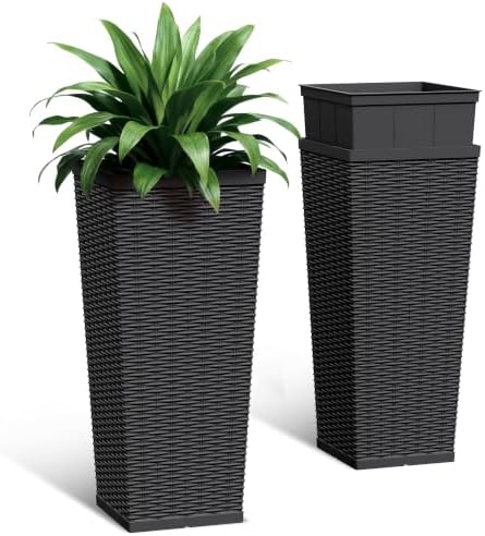 30 Inch Tall Plastic Planters(Set of 2) with Drainage Holes, Black by Acurax
