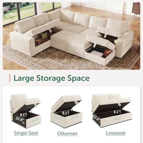 HONBAY Modular Sectional Sleeper Sofa with Pull Out Bed,Corduroy U Shaped Couch with Storage, Sectional Couches for Living Room,Beige - Image 3