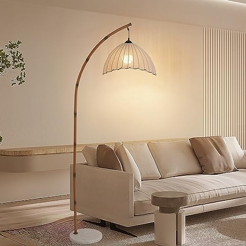 Retro Floor Lamp Unique Bamboo Color Floor lamp Bohemian Hanging Arc Floor Lamp with Antique Rattan Style Vertical Standing tall Lamp for Bed Room Farmhouse Study Living Room Indoor decoration - Image 3