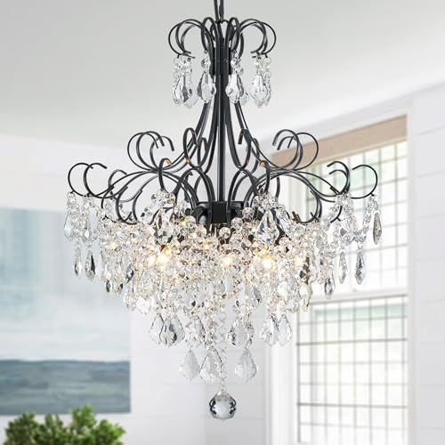 WUZUPS Crystal Chandelier 5-Light Pendant Ceiling Light Modern Lighting Fixture for Dining Room Hallway Bedroom Kitchen Bathroom, H 22.4" x W 18.3", E12 Base, Black by WUZUPSNEWARRIVALCHANDELIERS