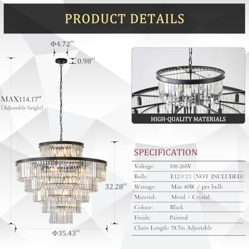 CATINER 36" Large Crystal Chandelier,23-Light Modern Black Light Fixture - Image 3