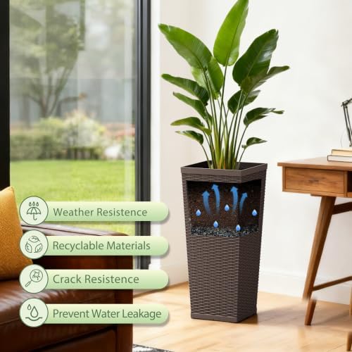 30 Inch Tall Plastic Planters(Set of 2) with Drainage Holes, Brown - Image 6