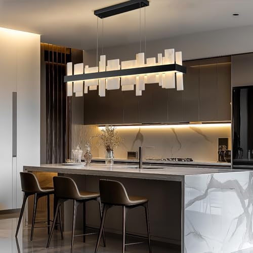 Alabaster Rectangle Chandelier,46.8in Adjustable Hanging Linear Chandelier, Dimmable Warm Glow, Modern Design Spanish Natural Stone Rectangle Ceiling Light for Dining Room, Kitchen Island, Entryway - Image 5