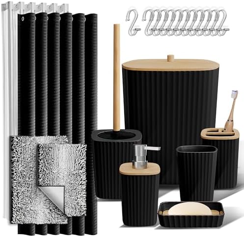 Clara Clark Bathroom Accessories Set - Bathroom Set, Bathroom Sets with Shower Curtain and Rugs, Shower Curtain Set with Bathroom Trash Can - Ombre Black - 22PC by ClaraClark