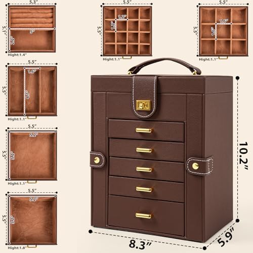 AKOZLIN 6-Tier Jewelry Box Organizer 5 Drawers Storage Brown Regular - Image 4