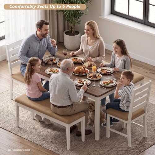 ROCSUMOO 5-Piece Dining Table and Chair Set with 2 Chairs & 2 Benches,Brown - Image 3