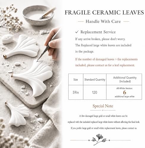 59 Inch Modern Rectangle Chandelier Ceramic Ginkgo Leaf Chandeliers Large Brass Chandeliers White Chandelier for Dining Room Living Room,10-Light - Image 3